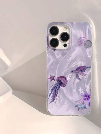 1 pieza Funda de teléfono suave personalizada con diseño de medusa y estrella de mar morada, resistente al agua, a prueba de golpes, antideslizante, compatible con teléfonos Apple, resistente a caídas y arañazos