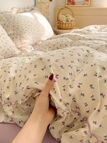 4 件套花卉床上用品套装，柔软舒适的卧室床单，花卉设计，紫色可爱花朵图案，透气柔软的四季床上用品套装，包括 1 个羽绒被套、1 个床单、2 个枕套，无需填充，适用于卧室、宿舍、家庭使用，多种尺寸可选 - 紫色 - 查看 6