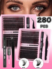 280 Clusters DIY Eyelash Extension Kit - Fluffy Russian30D+40D+50D+60D+80D+100D DD Curl, Mixed Lengths 10-16mm, 0.07mm Thickness, Waterproof Faux Mink Lashes With Tweezers & Bond/Seal Glue, Beginner-Friendly Reusable Set Lash Clusters Kit, Lashes, Eyelashes, Fake Lashes
