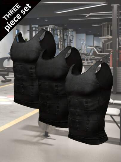 Men's 3 Pack Compression Shirts For Men Shapewear Body Shaper Waist Trainer Vest Workout Tank Tops Abdomen Undershirts For Daily Sport Workout Fitness-All Season Wear