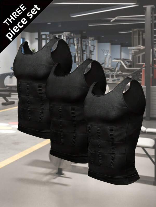 Men's 3 Pack Compression Shirts For Men Shapewear Body Shaper Waist Trainer Vest Workout Tank Tops Abdomen Undershirts For Daily Sport Workout Fitness-All Season Wear
