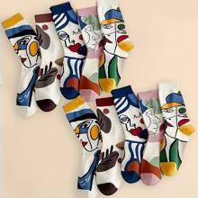 5 pares de calcetines de diseño de pintura abstracta para parejas, calcetines largos transpirables y que absorben la humedad para mujeres, calcetines cómodos y casuales unisex para todas las estaciones, otoño/invierno, estilo europeo