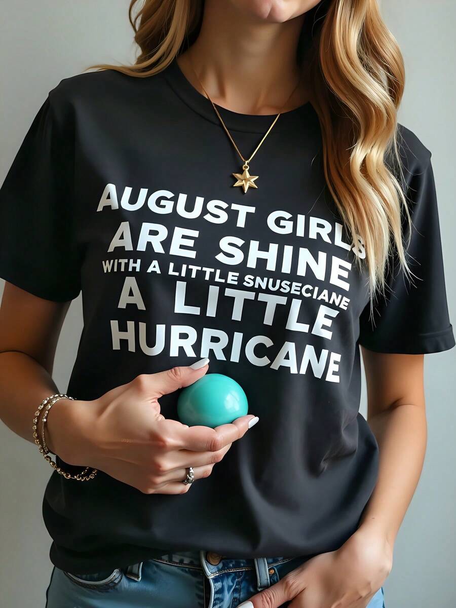 Camiseta de algodón negro con cuello redondo y manga corta con estampado brillante de August Girls, 180 g, informal, cómoda, para verano, ideal como regalo de cumpleaños, Acción de Gracias, Navidad, tallas grandes para mujer. - Negro - Ver 1