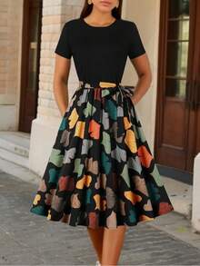 Floral Print Round Neck Dress, Elegant Short Sleeve Tie Dye Dress For Spring And Summer - Màu vàng - Xem 9