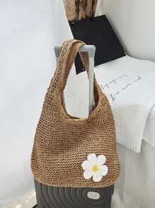 Yogodlns Bolso de hombro de paja de moda para mujer, bolso tejido femenino de gran capacidad, bolso de playa de paja de verano, bolso casual de mano, bolso de compra hecho a mano de ganchillo, bolso de hombro de verano de mujer con tejido hueco de gran capacidad, bolso de playa de malla, bolso de mano