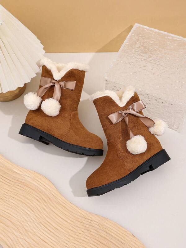 Girls' Princess Wool Snow Boots With Bows, High-Top Warm Lining Boots, Winter Outdoor Winter Shoes