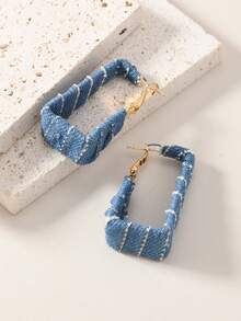 1 Pair Vintage Western Cowboy Style Woven Square Geometric Hoop Earrings, Suitable For Women's Casual/Party Wear - Light Blue - View 3