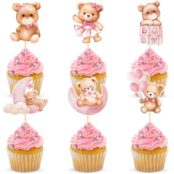 Fowecelt 48 piezas Decoraciones de oso para cupcakes, adornos de oso rosa para torta de baby shower, toppers de osito de peluche pequeño para cupcakes de temática de oso para fiestas de cumpleaños