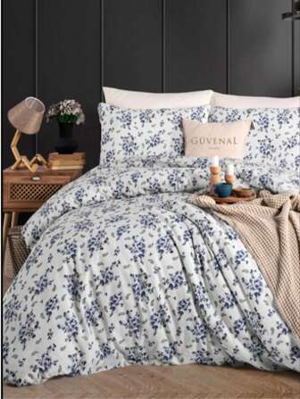 Made In Turkey - Güvenal LEO %100 Cotton Double Bed Duvet Cover Set With Fitted Sheet And 2 Pillowcases - 200x220 Cm Button Closure Duvet + 180x200+30 Cm Fitted Sheet + 2x 50x70 Cm Envelope Pillowcases
