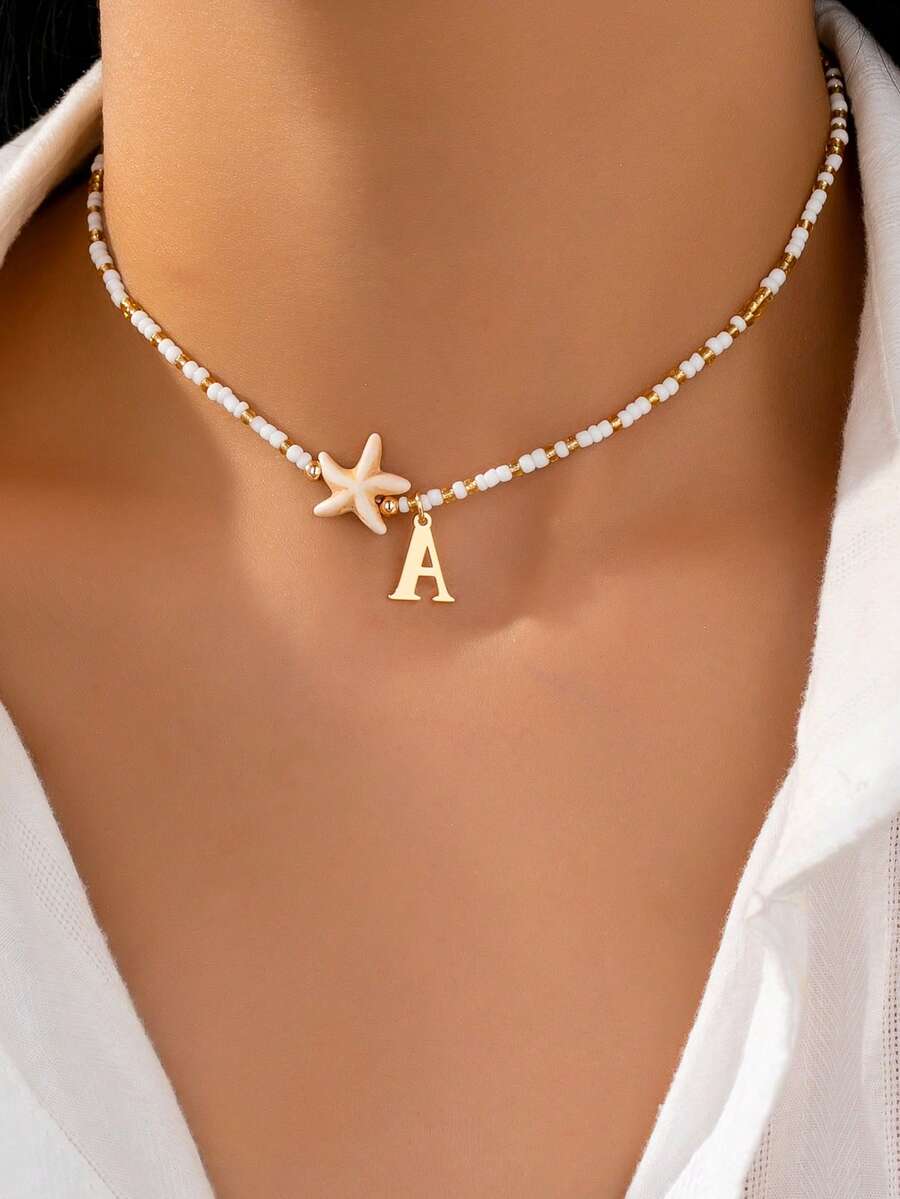 1 件夏季波西米亚风格种子串珠项链，带海星吊坠，A-Z 26 个字母项链，海滩度假个性化首字母项链，适合女士，送给妈妈、女儿、女朋友的礼物 - 彩色 - 查看 1