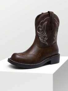 Women's Cowboy Western Ankle Booties, Thick Heel Slip-On Embroidered Square Toe Mid-Calf Fashion Boots, For Country Concerts, Rodeos, And Casual Outings,Autumn Winter Short Shaft Riding Boots - 巧克力棕 - 查看 2