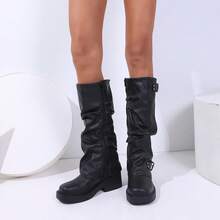 黑色百褶中筒靴，拉链款，厚底，时尚女靴，欧美风，秋冬 - 黑色 - 查看 4