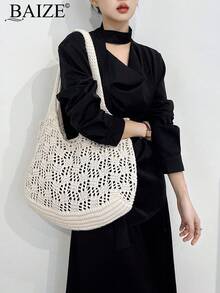 ENBEI Modische neue weiße gehäkelte Handtasche für Herbst/Winter, leicht und einfach zu tragen, große Kapazität gewebte Tragetasche, Damentasche, neue Damentasche für Herbst/Winter, beste Herbst Umhängetasche, geeignet für Pendeln, Reisen, Einkaufen, Rückkehr zur Schule, große Kapazität Handtasche, neues stilvolles Design, perfekt passend zu Herbstoutfits, Weihnachtsgeschenk - Khaki - Übersicht 4