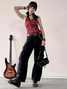 Women's Y2K Baddie Vintage Letter Print Halter Top Streetwear - Red - View 5