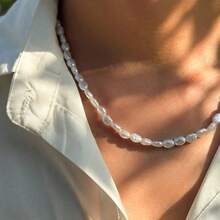 1pc Summer Fashion Baroque Asymmetrical Pearl Necklace, Men's Jewelry