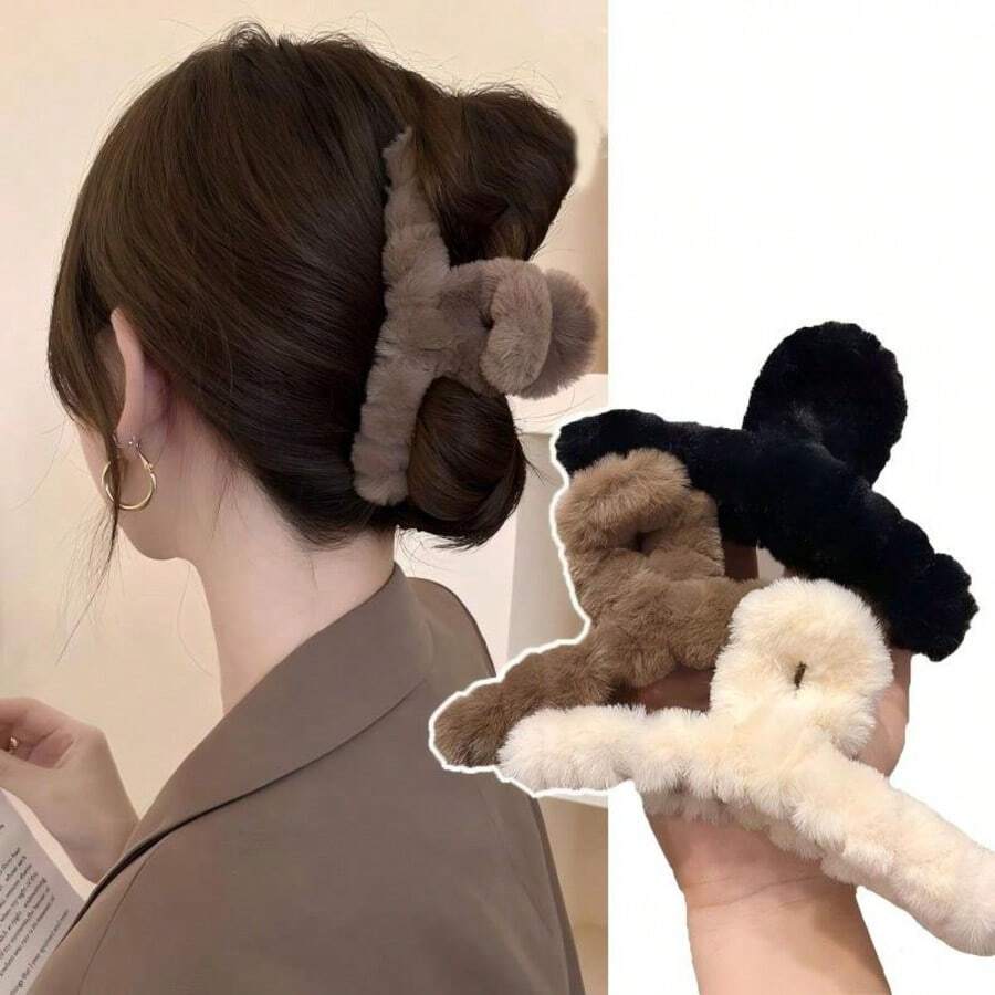 3pcs/Set Plush Hair Clips, 3-Colors (Black + Coffee + White), 11cm Cross-Shape Fashion Hair Accessories Beauty Claw Clips Cute Hair Claw Fall Winter For Vacation Outfits Woman