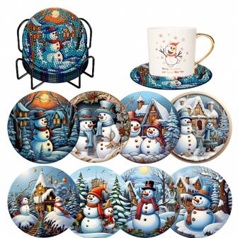 Set de 8 piezas de kit de pintura de diamantes con soportes, kit de artesanía de posavasos de la serie de muñecos de nieve navideños, regalo artesanal ideal para principiantes adultos en la pintura de diamantes DIY