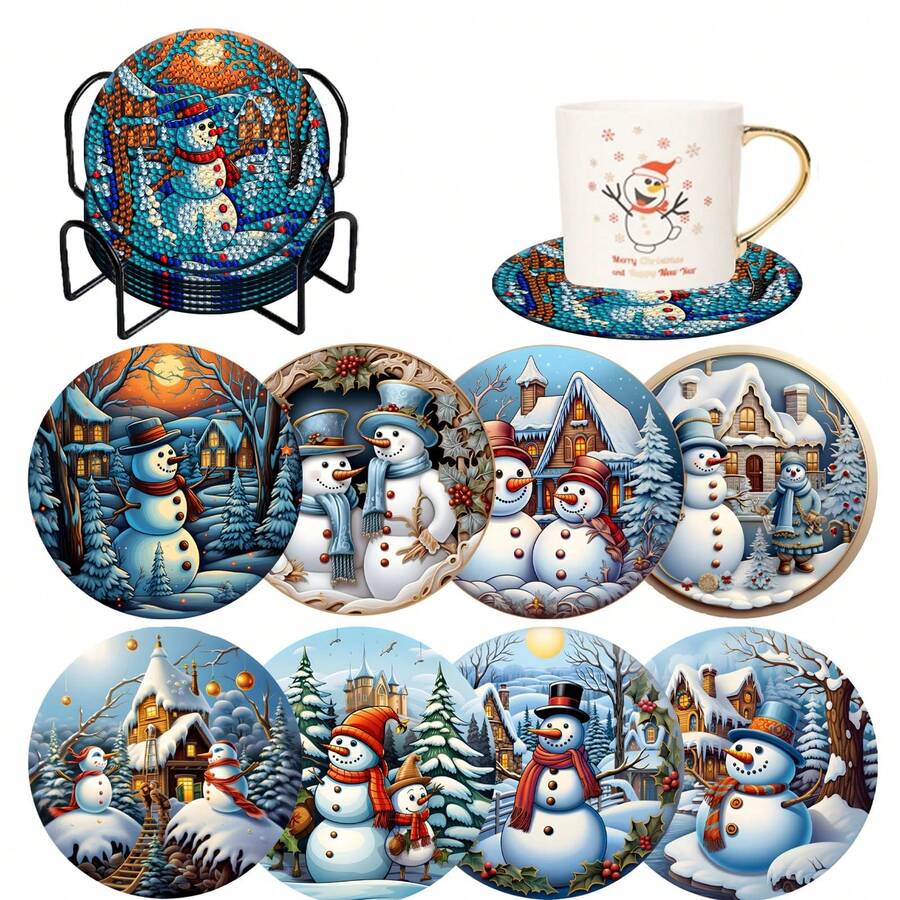 8pcs Diamond Painting Kit With Holders, Christmas Snowman Series Coaster Craft Kit, Ideal Craft Gift For Adult Beginners DIY Diamond Painting Coaster Set