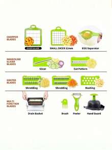 Juego de 16 piezas: Cortador multifuncional de vegetales con sistema de presión | Corta en cubos, juliana y en rodajas rápidamente | Incluye separador de claras de huevo y prensa ajos | Fácil de usar y guardar | Herramienta esencial para cocinas del hogar