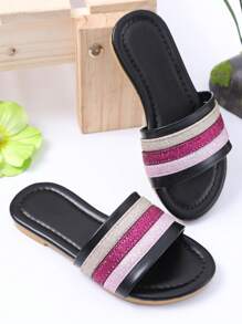 1 Pair Summer Kids Open Toe Flat Sandals With 3-Stripe Decor, Casual & Fashionable, Girls Beach/Holiday Shoes