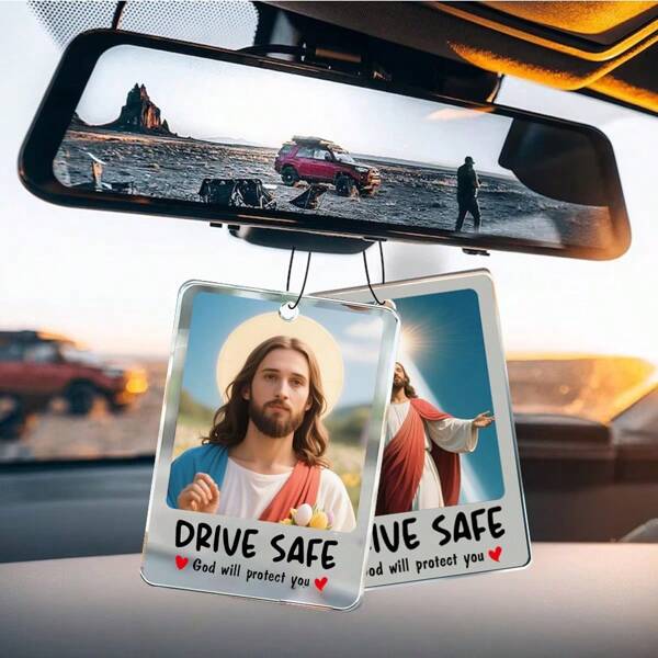 1pc Acrylic Car Hanging Decor With "Safe Driving, God Bless You" And High-Definition UV Printed Jesus Icon, Exquisite Fashion Accessory