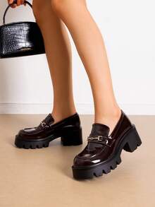 Women Platform Loafers Chunky Heel Slip On Lug Sole Fashion Loafers With Metal Casual Office Business Dressy Shoes - 棕色 - 查看 3