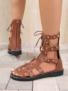 Women's Flat Roman Sandals, Fashionable Lace-Up Flat Sandals, Rubber Sole, Rivet Design - Brown - View 7