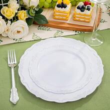 60PCS White Plastic Plates, Heavy Duty White Disposable Plates Premium 10inch Dinner Plates Hard Plastic Plates Disposable Party Wedding Bridal Shower-ZCC - 白色和銀色 - 查看 6