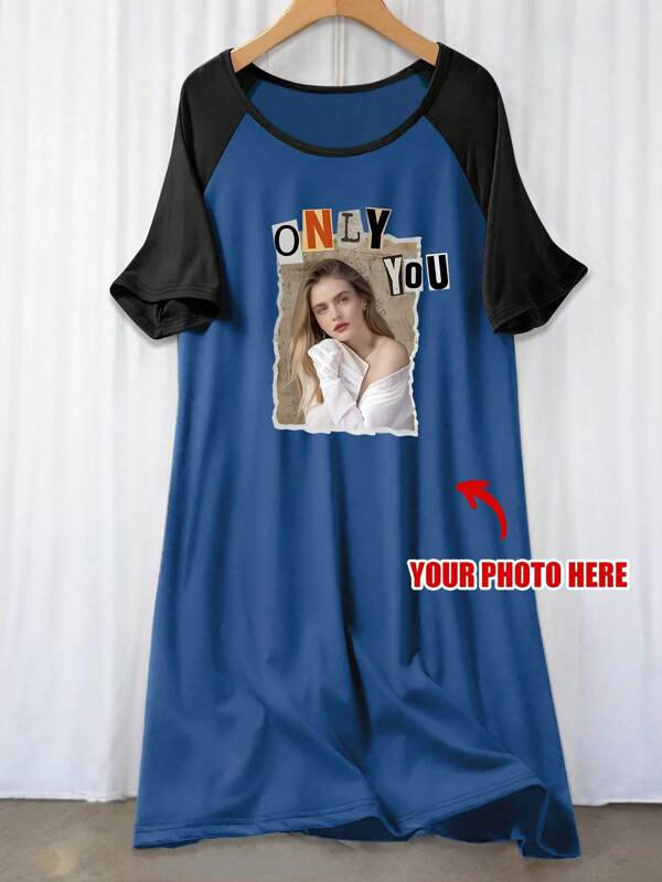 Customized Photo Printed Raglan Sleeve Nightgown, Comfortable Sleepwear E21