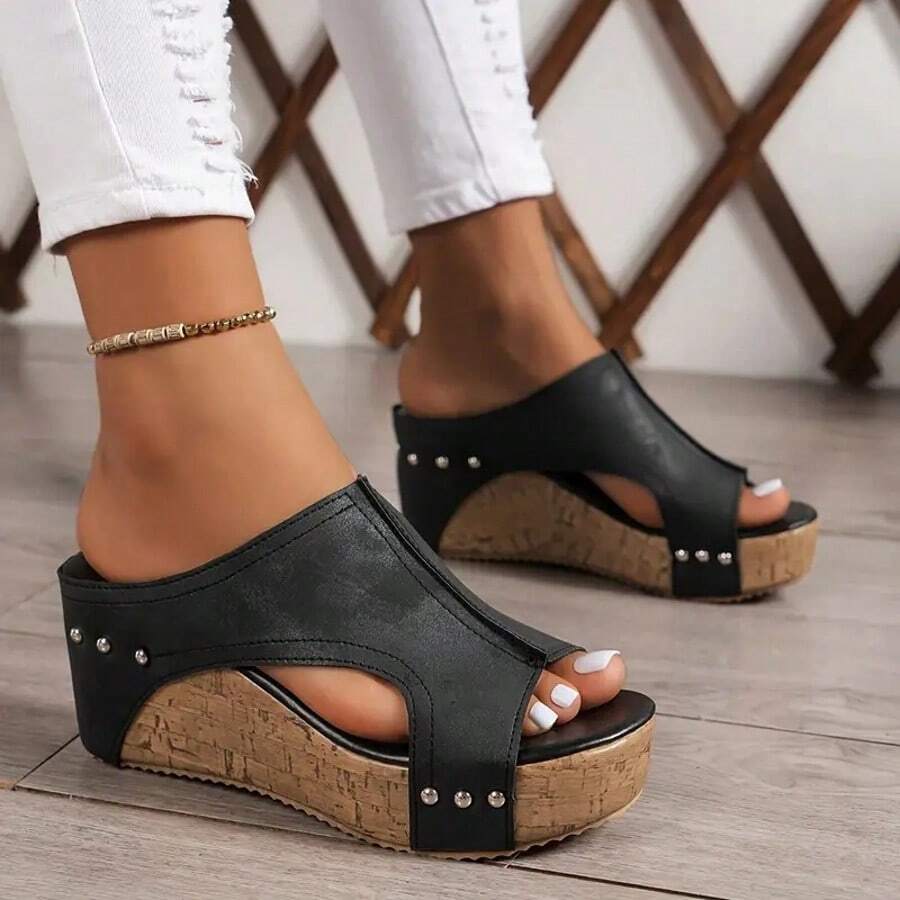 2025 New Wedge Women's Slip-On Sandals Fashionable And Versatile Retro With Metal Buckle Straps, Faux Cover Summer Casual Heels Black, Brown Gold Tone, Comfortable Rubber Soles, Suitable For Casual Outfits, Comfortable Heels|Sheer Toe Sandals|Platform Sandals, High Heeled Sandals - 黑色 - 查看 1