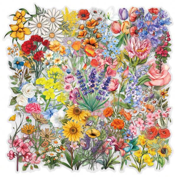62Pcs Flowers Stickers Pack, Aesthetic Stickers For Suitcase, Journal, Scrapbook, Water Bottle, Laptop, Computer, Skateboard, Notebook,PET Transparent Sticker