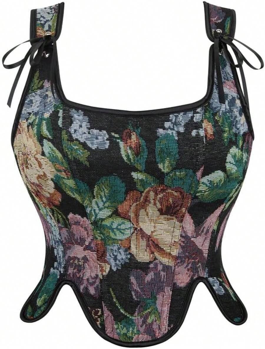Womens Vintage 1920s Renaissance Lace Trim Corset Bustier, Retro Fashion - 黑色紫色 - 查看 1