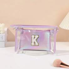 2pcs Letter Laser Makeup Bag, Transparent Jelly Travel Organizer Pouch, Large Capacity High-End Toiletry Bag