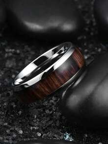 8mm Fashion Silvery Stainless Steel Rings For Men Jewelry Accessories Vintage Koa Wood Pattern Men Rings Anniversary Party Gift - Silver - View 5