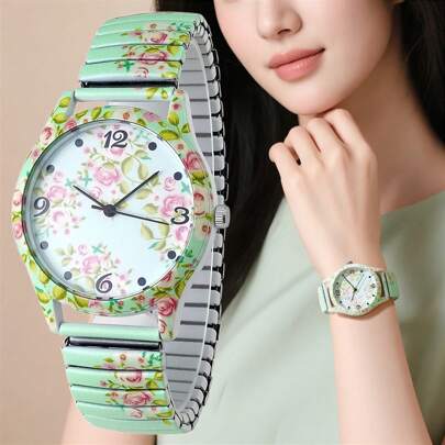 1 pieza Reloj de pulsera de cuarzo elegante con estampado floral natural elástico para mujer, talla única que se ajusta a todas, adecuado como regalo festivo y para uso diario