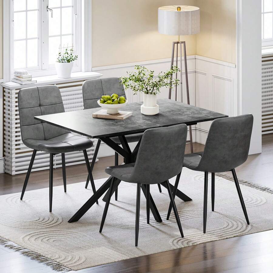 Extendable Dining Table And Chairs Set 4, 120-160cm Concrete Effect Table With 4 Grey Upholstered PU Leather Chairs For Dining Room, Kitchen - Concrete Effect Dining Table + 4 Grey Chairs - View 1