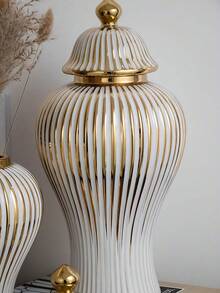 1件陶瓷姜罐金色条纹装饰通用罐花瓶瓷质储物罐带盖工艺品家居装饰花瓶