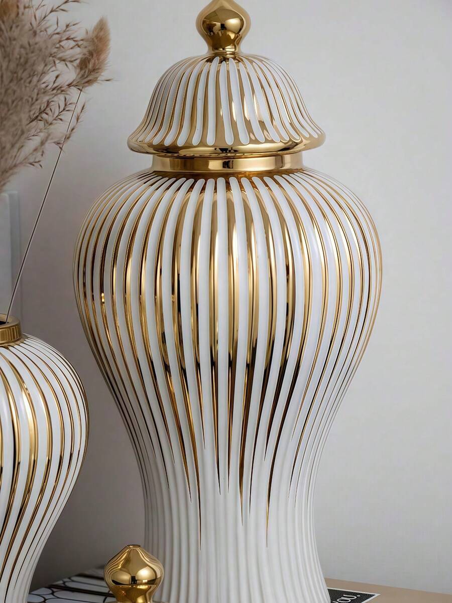 1件陶瓷姜罐金色条纹装饰通用罐花瓶瓷质储物罐带盖工艺品家居装饰花瓶