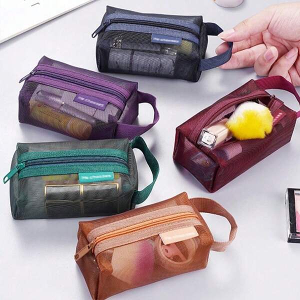 1pc Makeup Bag, Number Design Bag, Mesh Outer Layer Can Carry More Small Items, Multi-Color Power Bank Travel Bag, Portable
