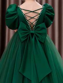 Tween Girl Christmas Dress With Bow Backless Deep V Puff Sleeve Tulle Princess Dress, Suitable For Birthday Party, Wedding, Flower Girl, Prom, Holiday Occasions - Dark Green - View 5