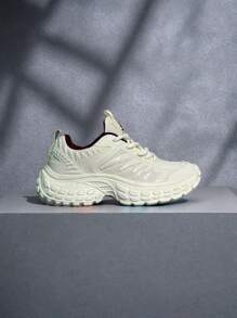 1 par de tenis gruesos y abultados para mujer, con empalme de malla, suave y ligero, color beige sólido, transpirable para uso casual diario y ejercicio, zapatos deportivos de moda