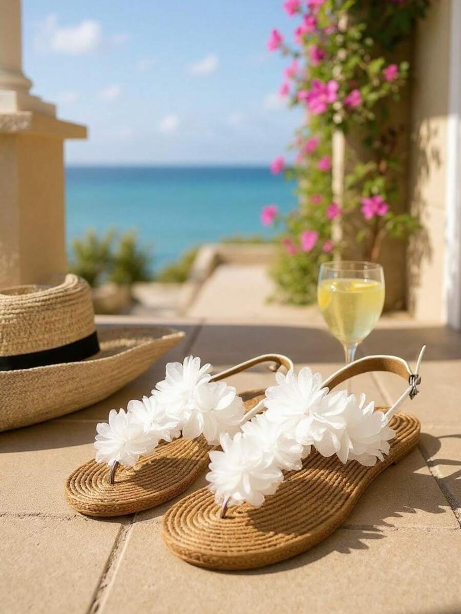 Sandales tongs avec tige à fleurettes - Blanc - Voir 1