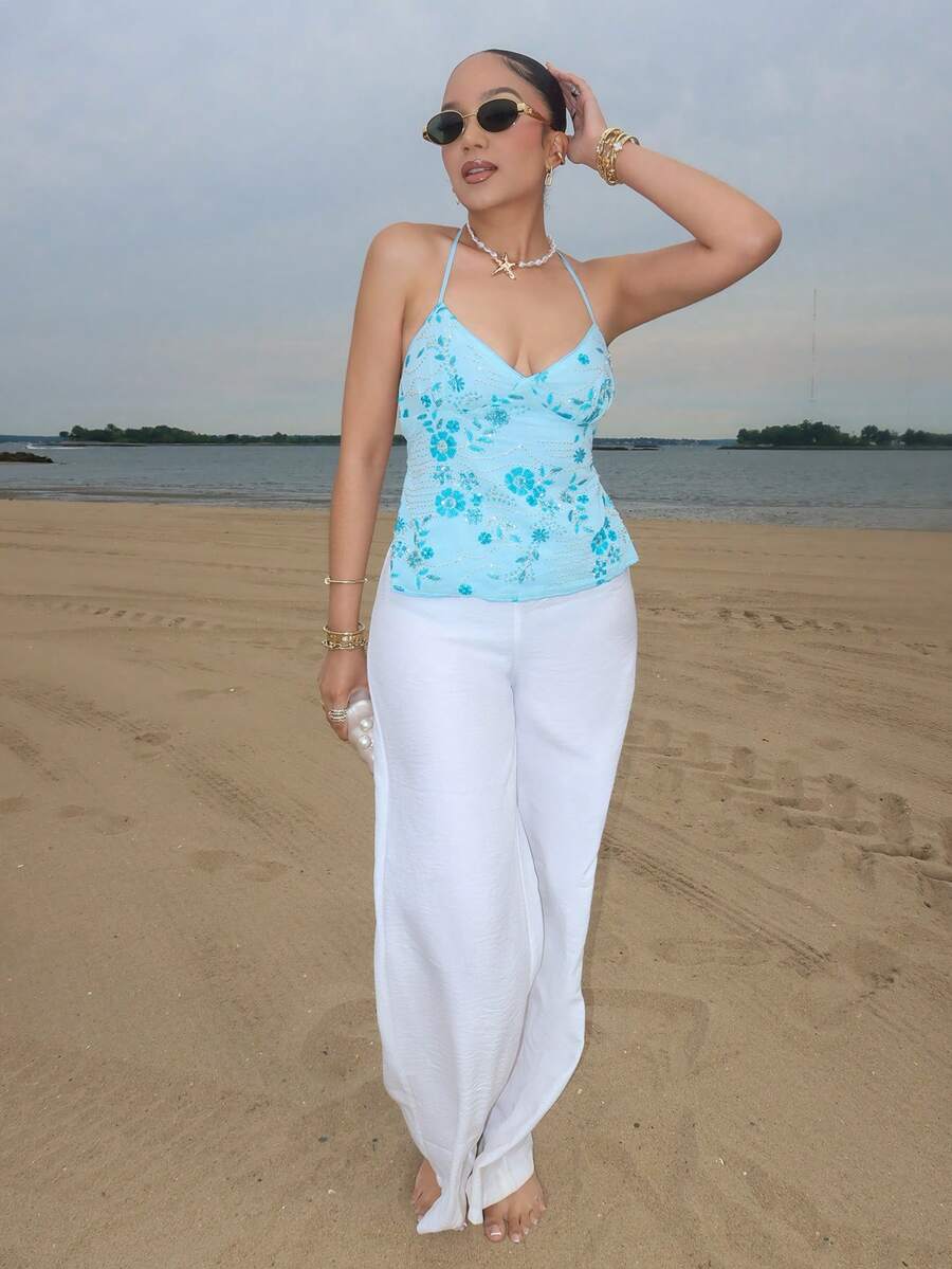 Melissa Matos Áo ba lỗ dây mảnh Jacquard họa tiết màu hồng trơn dành cho nữ, Áo ba lỗ đi nghỉ, Áo ba lỗ Jacquard - Màu xanh lam - Xem 1