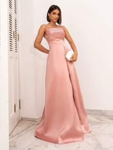 LONG WEDDING PARTY DRESS FOR GODMOTHER, STRAP-FIT, SATIN WITH SEQUINS - ROSE - View 1