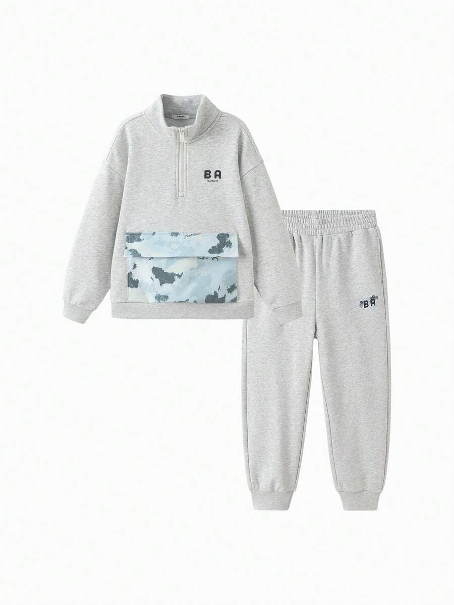 Balabala Boys Outfit Set 2025 Long Sleeve Two Pieces Casual Everyday Look - Light Gray - View 1