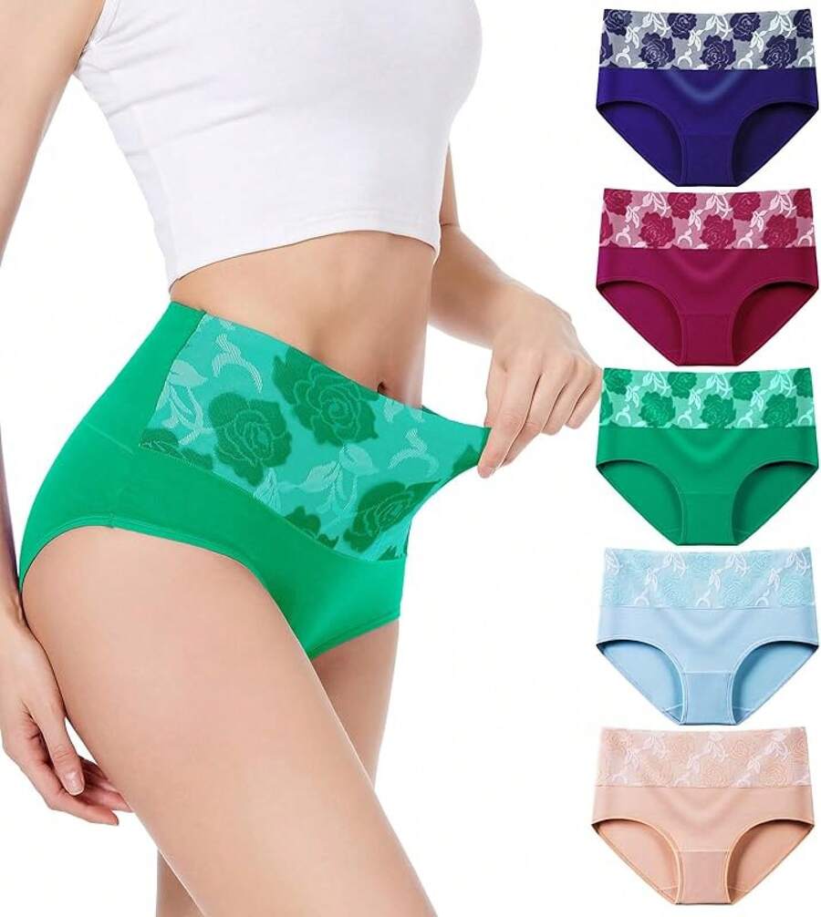 Women's Cotton High Waist Tummy Control Panties Jacquard Ladies Panty Multipack - Comfort - 簡訊 02 - 5 條裝 - 多種顏色 02 - 查看 1