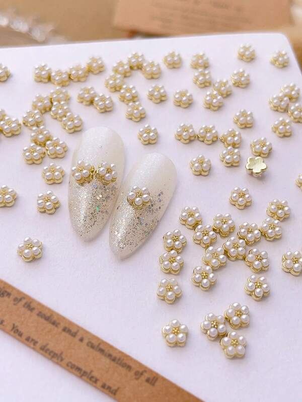 50/100pcs Gold Silver Alloy Mini Flowers Nail Charms Decorations, Metal Simple Design Shiny White Pearls Y2K Three-Dimensional Elegant DIY Manicure Accessories Suitable For Nail Art Creation Nails Supplies