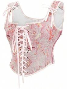 Womens Vintage 1920s Renaissance Lace Trim Corset Bustier, Retro Fashion - Pink Daisy - View 3