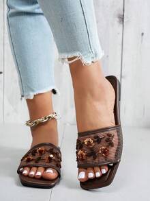 女士时尚方头手工串珠花卉装饰平底凉鞋，网眼透气，舒适轻便，防滑户外拖鞋，适合户外旅行、徒步旅行、休闲，咖啡棕色 - 咖啡棕 - 查看 3