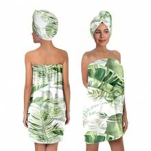 2 件热带叶印花浴袍和毛巾套装，女士吸水速干，柔软舒适淋浴裹巾，可调节腰带，适合美容院、家庭浴室等场合